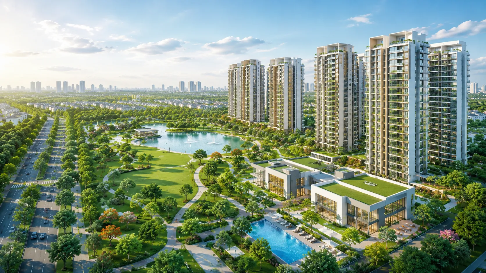 Landscaped township with central park and lake
