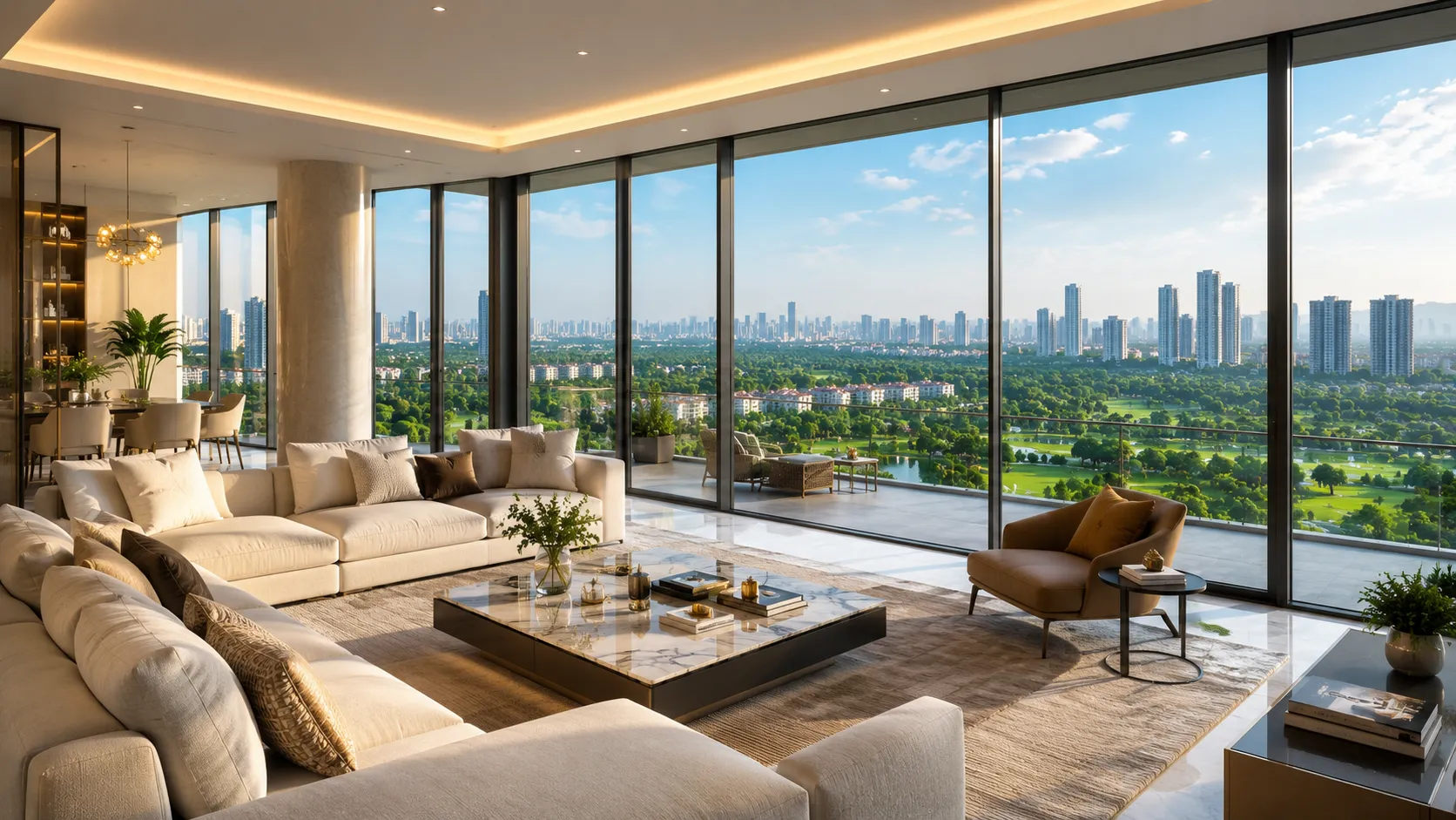 Luxury apartment living room overlooking the skyline