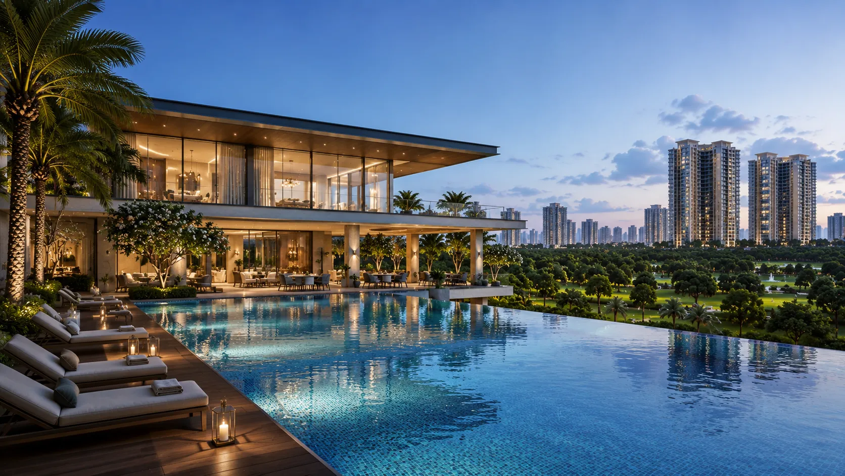 Clubhouse and infinity pool at dusk