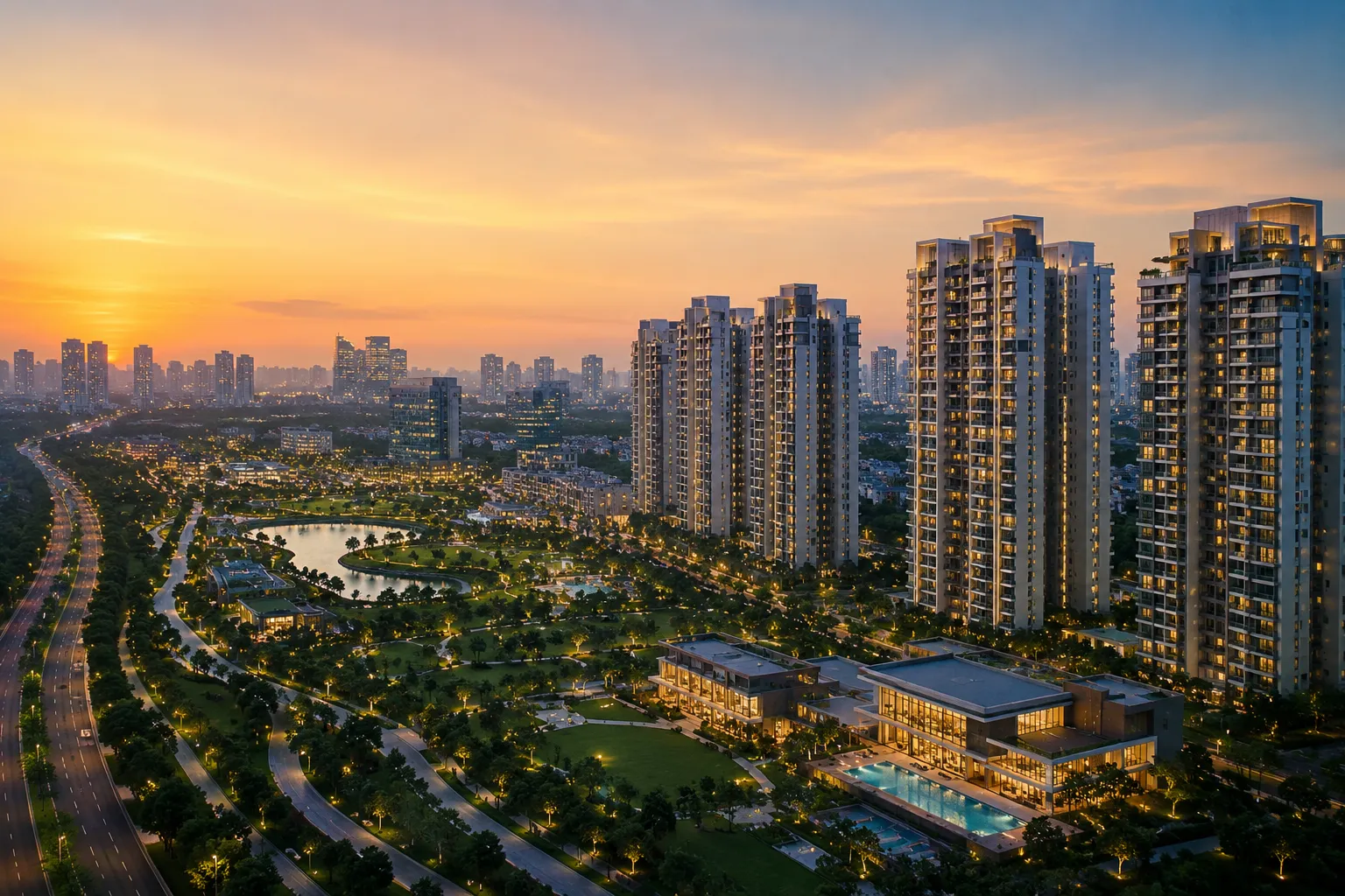 High-rise residences against a sunset skyline