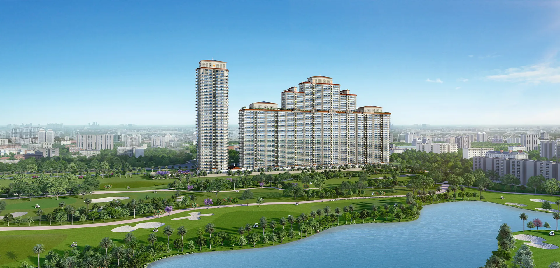 Lakefront towers beside a golf course